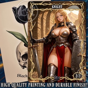May include: A rectangular trading card featuring a blonde knight in silver armour, a red skirt, and a cape, holding a sword and shield. The card is framed by a gold thorny border with the text KNIGHT and 2/2. A second card shows a black tulip and skull.