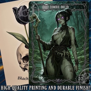 May include: A fantasy art card depicting a zombie druid in a swamp, holding a staff. The card has a black tulip and skull design on the left. The text "ZOMBIE DRUID" is at the top. The card is labeled "2/2".