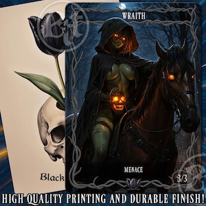 May include: A fantasy art card featuring a skeletal figure in a hooded cloak riding a dark horse. The figure holds a glowing skull. A second card shows a black tulip and a skull. Text includes "WRAITH" and "MENACE".