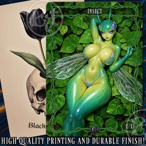 May include: A fantasy art card featuring a green insectoid woman with translucent wings, surrounded by green leaves. The card also shows a black tulip and a skull. Text includes "INSECT" and "1/1".
