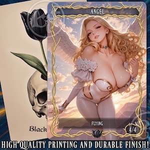 May include: A fantasy art card featuring a blonde angel with white wings and a white outfit. The card is framed with gold vines and includes the word "ANGEL" at the top and "FLYING" at the bottom. The card on the left features a black tulip and a skull.