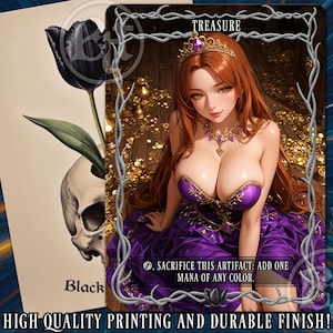 May include: A fantasy art card featuring a woman in a purple dress and a crown, with the word "TREASURE" at the top. The card also shows a black tulip, a skull, and text that reads "SACRIFICE THIS ARTIFACT: ADD ONE MANA OF ANY COLOR."