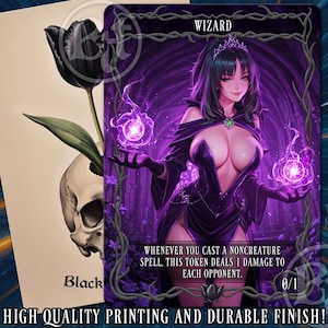 May include: A fantasy art card featuring a purple-clad wizard with glowing purple orbs. The card has text that reads "WIZARD" and "Whenever you cast a noncreature spell, this token deals 1 damage to each opponent." A black tulip and skull are on a separate card.