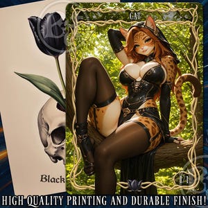 May include: A fantasy art card depicting a feline humanoid figure with orange fur, clad in a black ensemble, perched on a tree branch. The card is framed in gold, with "CAT" at the top. A second card shows a black tulip and a skull. The text "HIGH QUALITY PRINTING AND DURABLE FINISH!" is at the bottom.