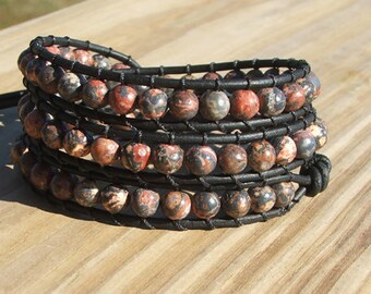 Handmade Leather Wrap Bracelet - Leopard Jasper beads on leather