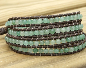 Leather Wrap Beaded Bracelet - New Jade beads on leather