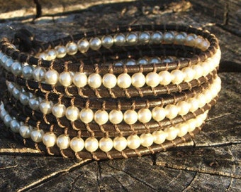 Leather Wrap Bracelet-Pearls on brown leather