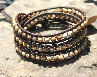 Triple Wrap Bracelet - Earthy Picture Jasper stone beads on leather