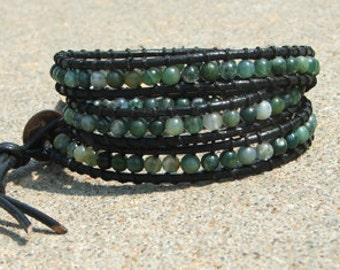 Handmade Leather Wrap Bracelet - Green Agate  beads on black leather
