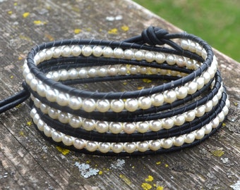 Leather Wrap Bracelet-Pearls on Black Leather and Necklace