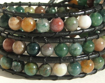 Handmade Leather Wrap Bracelet - Fancy Jasper on leather