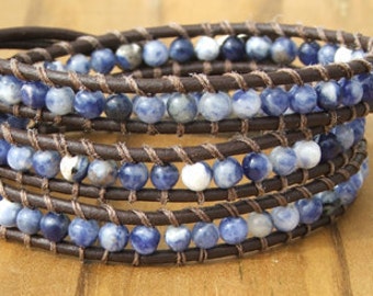 Handmade Leather Wrap Bracelet - Blue Sodalite on leather