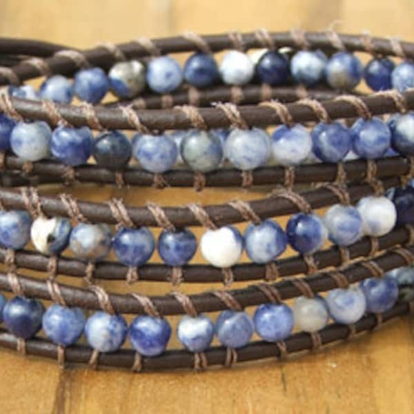 Handmade Leather Wrap Bracelet - Blue Sodalite on leather