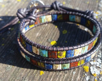 Handmade Leather Wrap Bracelet -Rainbow Czech Glass on leather