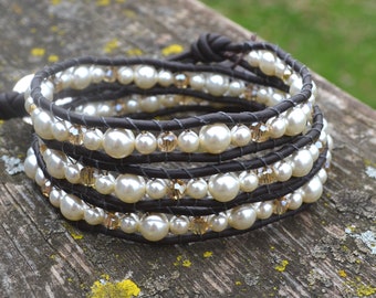 Leather Wrap Bracelet-Pearls and Crystals Beads on Brown Leather