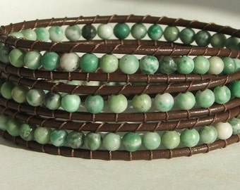 Handmade Leather Wrap Bracelet - Jade beads on leather