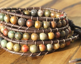 Beaded Leather Wrap Bracelet - Red Creek Jasper beads on leather