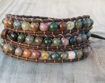 Handmade Leather Wrap Bracelet - Fancy Jasper on leather