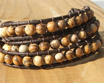 Triple Wrap Bracelet - Earthy Picture Jasper stone beads on leather