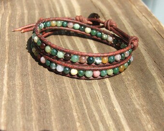 Leather Wrap Bracelet -Fancy Jasper beads on leather