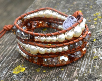 Handmade Beaded Leather Wrap Bracelet -Pearls and crystals on leather