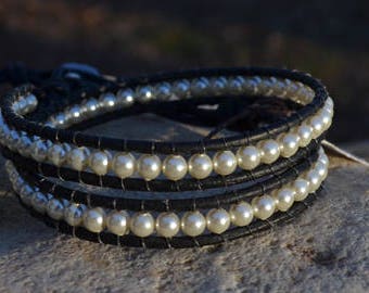 Pearl leather wrap braclet and choker