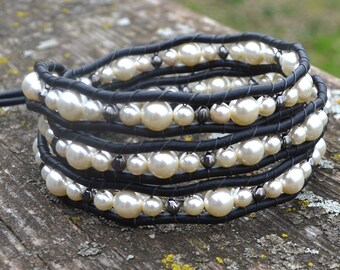 Leather Wrap Bracelet-Pearls and Gunmetal Beads on Black Leather