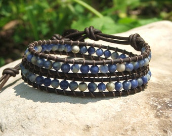 Handmade Leather Wrap Bracelet - Blue Sodalite on leather