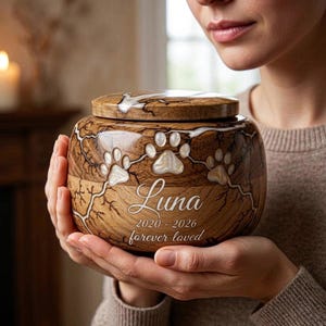 Könnte beinhalten: Holz-Tierurne mit Deckel, Pfotenabdrücken und dem Namen "Luna" mit den Jahren 2020-2026 und dem Satz "forever loved". Die Urne hat eine hellbraune Oberfläche mit einem einzigartigen Holzmaserungsmuster.