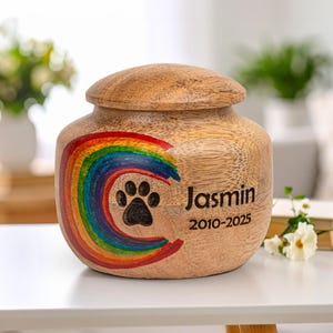 Rainbow Wooden Pet Urn: Handmade Mango Wood Cremation Keepsake
