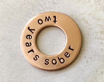 two years sober Sobriety Gift - Hand Stamped Copper Washer Keychain