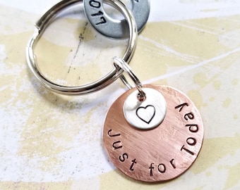 Just for Today Sobriety Recovery Gift Keychain - Hand Stamped Copper Disc, Sterling Silver Disc and nickel silver washer - AA