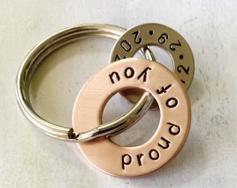 Proud of You Sobriety Gift - Hand Stamped Copper Washer and Nickel Silver Washer Keychain - AA