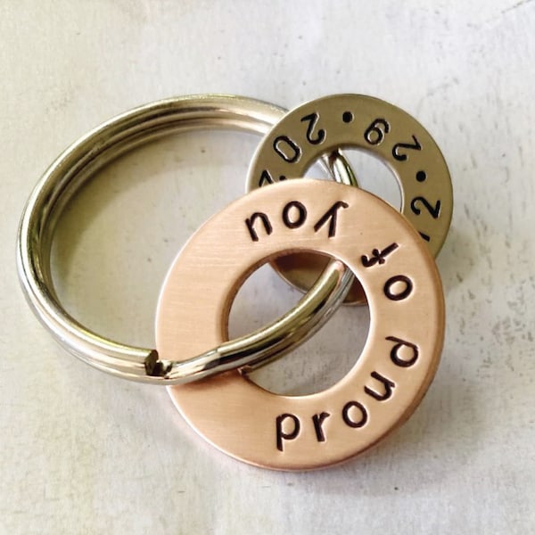 Proud of You Sobriety Gift - Hand Stamped Copper Washer and Nickel Silver Washer Keychain - AA