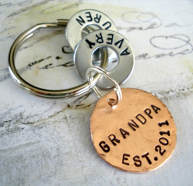 Grandpa Gift Personalized Christmas Keychain with Names - Grandparent Birthday - Hand Stamped Key Chain GRANDPA EST. Washer and Copper Disc 