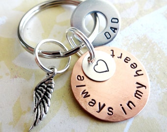 Memorial gift for loss of Father - In Memory of Dad Keychain - Loss of Loved One - Personalized Hand Stamped Key Chain with Angel Wing Charm