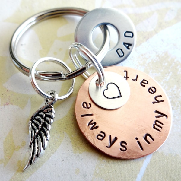 Memorial gift for loss of Father - In Memory of Dad Keychain - Loss of Loved One - Personalized Hand Stamped Key Chain with Angel Wing Charm