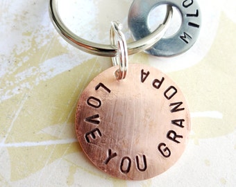 Personalized Grandpa Keychain Grandparent Christmas Birthday Hand Stamped Key Chain - LOVE YOU GRANDPA Washer Key Chain and Copper Disc