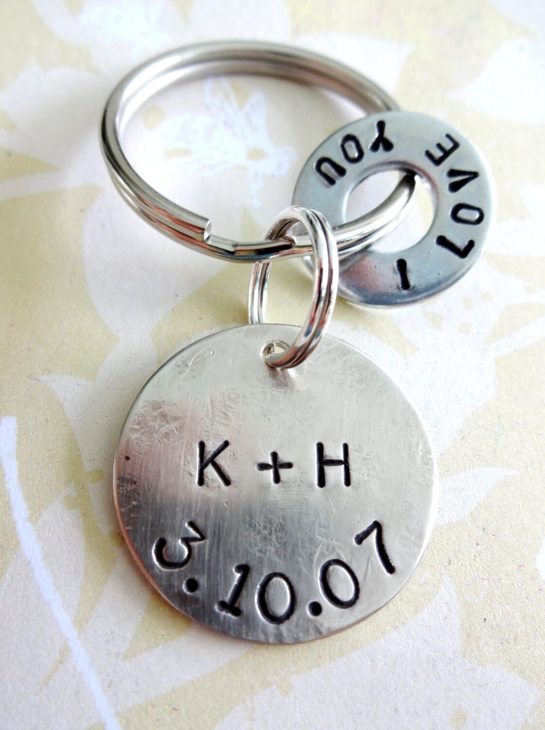 Love Hand Stamped Washer Key Chain and Nickel Silver Disc Etsy