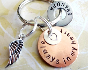 memorial gift for loss of Grandfather - Grandpa - Memorial Keychain - Loss of Loved One - Personalized Hand Stamped Key Chain Angel Wing