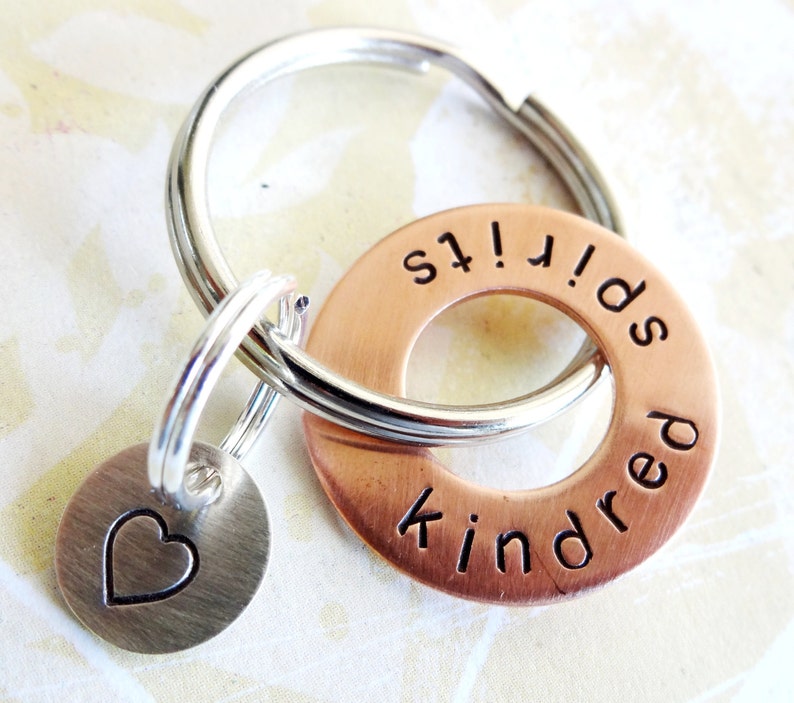 Kindred Key Chain KINDRED SPIRITS Gift - Copper Washer Key Ring and Sterling Silver Heart ...