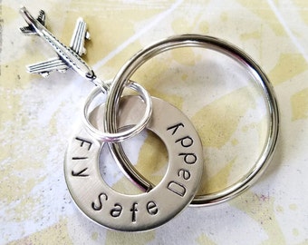 Fly Safe Daddy Gift Keychain - Hand Stamped Nickel Silver Washer Keychain with airplane charm - Pilot - Flight Attendant - Traveler