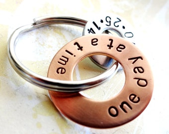 One Day At A Time Sobriety Gift - Hand Stamped Copper Washer and Nickel Silver Washer Keychain