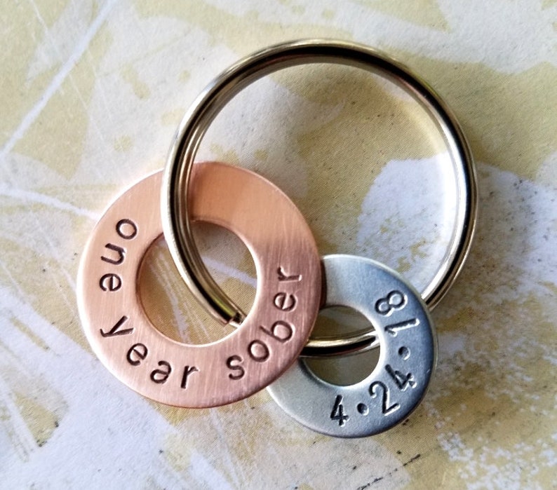 one year sober Sobriety Gift Hand Stamped Copper Washer and Nickel Silver Washer Keychain image 1