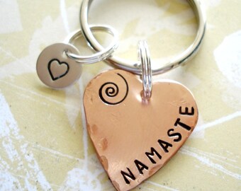 NAMASTE - Hand Stamped Copper Heart Key Chain with Sterling Silver Disc