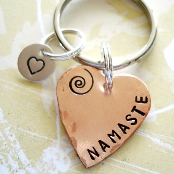 NAMASTE - Hand Stamped Copper Heart Key Chain with Sterling Silver Disc