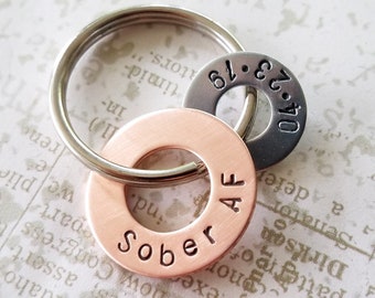 Sober AF Sobriety Gift - Hand Stamped Copper Washer and nickel silver washer Keychain