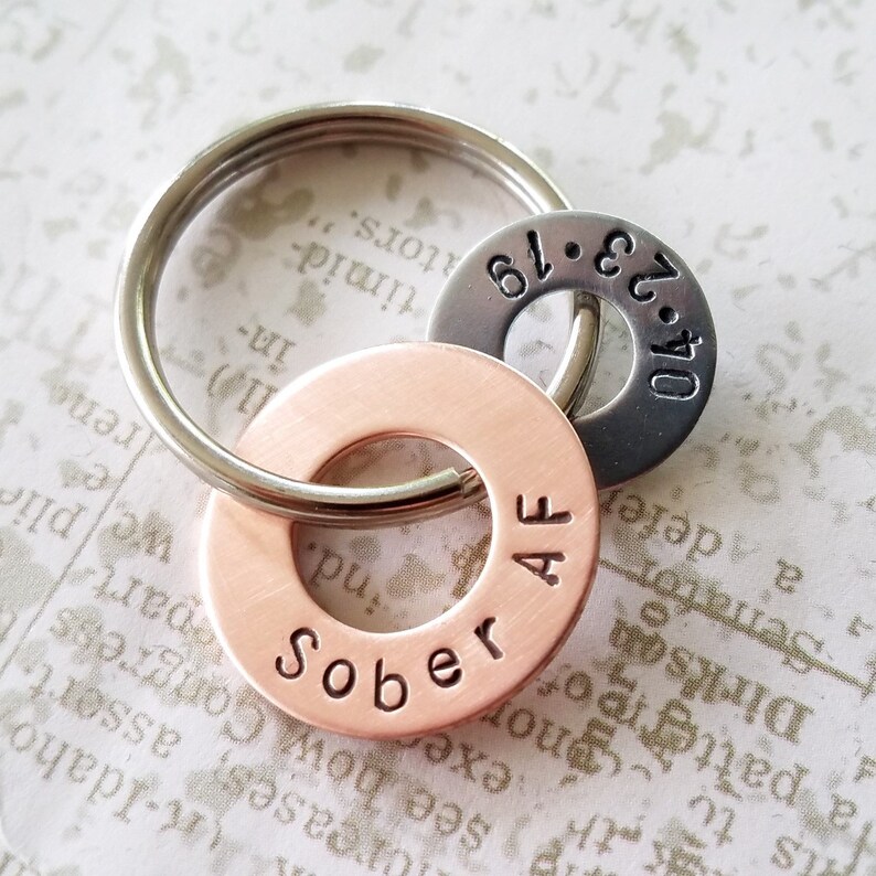 Sober AF Sobriety Gift Hand Stamped Copper Washer and nickel silver washer Keychain image 1