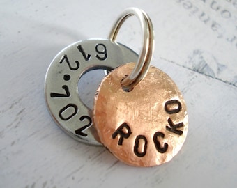 Pet Tags Cat - Small Dog Tag - Small Cat Tag - Personalized Custom Engraved - ID Tag - Hand Stamped Washer - Copper Disc phone number name