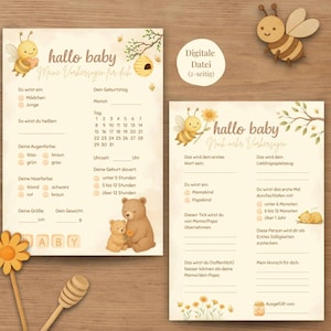 Tarjeta de predicción para baby shower de abeja | Juego de baby shower de abeja de dos caras | Abejorro estilo natural para baby shower | Juego de adivinanzas Hello Baby en alemán | Descargar PDF